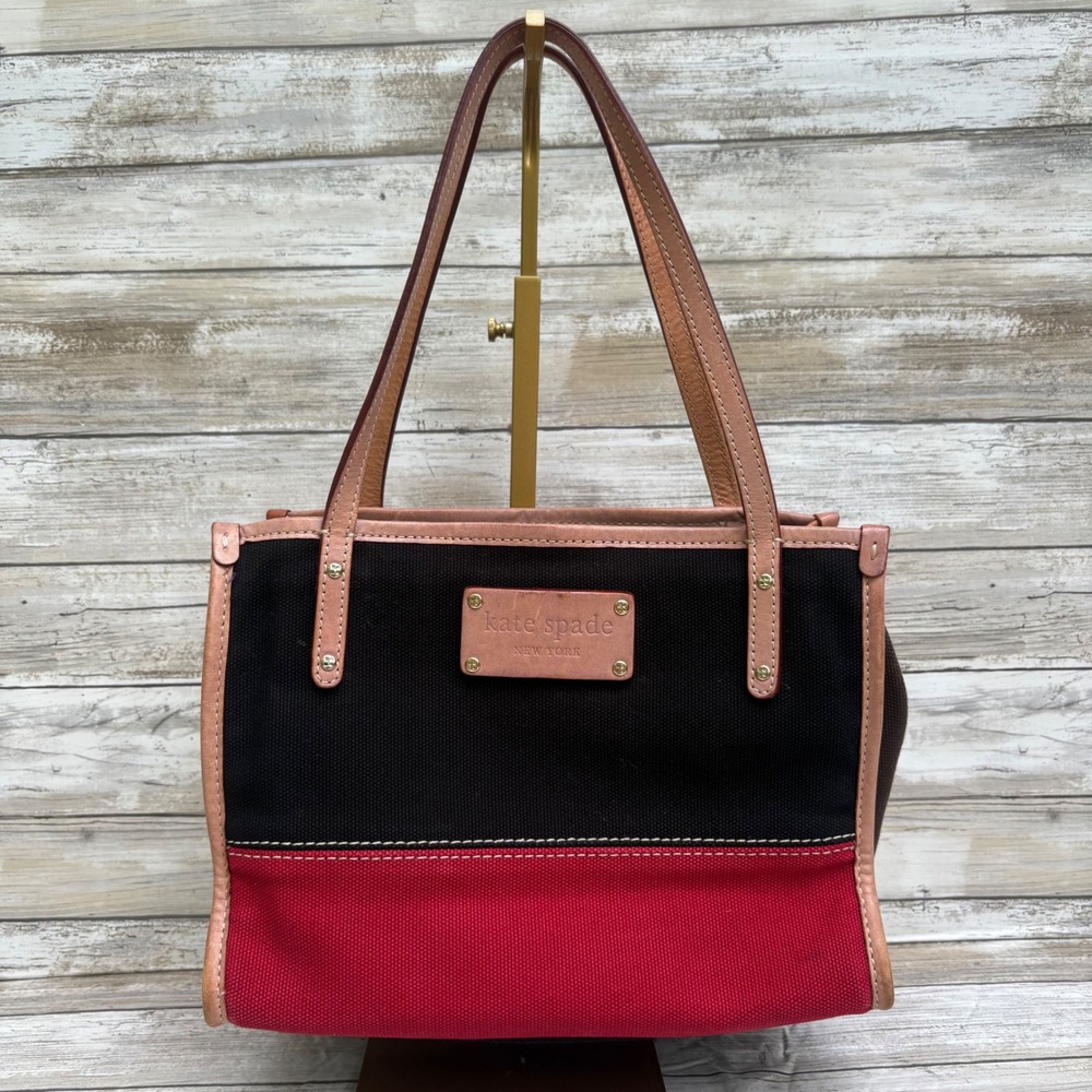 VTG Kate Spade Tote Bag Multi Colorblock Canvas Leather Preppy Summer Y2K Casual